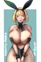 1girls breasts bunny_ears bunny_girl bunnysuit female female_only glasses huge_breasts junkpuyo solo