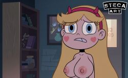 blonde_hair blue_eyes casual dark_room edit female hairband heart_cheeks huge_breasts huge_nipples human light_skin pale_skin pink_areola pink_nipples screenshot_edit smooth_skin star_butterfly star_vs_the_forces_of_evil steca thelazyart