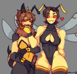 2girls antenna_hair antennae antennae_(anatomy) arthropod arthropod_abdomen arthropod_humanoid arthropod_limbs bee bee_abdomen bee_girl bee_humanoid bee_sting bee_stinger big_breasts bracelet bracelets breasts crown exposed_shoulders hand_under_chin hdhx heart holding_chin huge_breasts insect insect_abdomen insect_eyes insect_girl insect_humanoid insect_wings insectoid insects jewelry krone_blumen_(hanaarts) large_breasts multiple_girls pixel_art queen queen_bee queen_wasp revealing_clothes rosen_(hanaarts) royalty short_hair shoulders stinger stinger_(anatomy) sweat thick thick_thighs thigh_highs thighhighs wasp wasp_girl wasp_humanoid wings