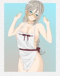 1girls aia_amare apron apron_only bare_shoulders big_breasts blue_eyes bottomless braid braided_hair braided_ponytail cleavage exposed_shoulders female female_only glasses gray_hair grey_hair hi_res highres looking_at_viewer maximilien_bodwell nijisanji nijisanji_en no_panties no_pants sideboob smile solo virtual_youtuber