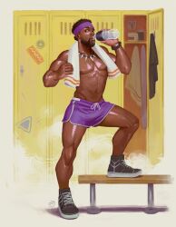 1boy actor african african_male black_panther_(marvel) black_panther_(series) celebrity chadwick_boseman dark-skinned_male dark_skin david_talaski drinking_water human human_only in_character locker_room male male_only marvel marvel_cinematic_universe melanin muscles muscular muscular_male pinup posing short_shorts t'challa