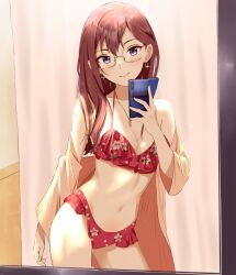 belly belly_button breasts dsykty glasses light_blush medium_breasts nerdy petite petite_body red_underwear taking_photo taking_picture towel tummy underwear violet_eyes