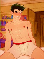 1boy albertoarts american_dragon:_jake_long biracial biracial_male bulge cuckoo_chan disney east_asian east_asian_male embarrassed flustered human human_only jake_long male male_only muscles muscular muscular_male solo spread_legs teasing teen_boy underwear underwear_aside white_underwear