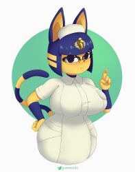 :< absurd_res animal_crossing ankha ankha_(animal_crossing) anthro big_breasts blue_hair breasts clothed clothing domestic_cat felid feline felis female fur furry furry_only gammainks hair hand_on_hip hi_res huge_breasts large_breasts looking_at_viewer mammal nintendo nurse solo tail video_games yellow_body_hair