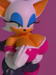 3d animal_ears animal_humanoid anthro bat blender cleavage eyelashes furry gloves green_eyes large_breasts lifting_breasts lipstick makeup plain_background rouge_the_bat skintight smug sonic_(series) sticki_bun tagme tease white_fur