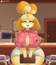 2022 2d absurd_res animal_crossing anthro big_breasts blush breasts button_gap canid canine canis cleavage clipboard closed_eyes clothed clothing detailed_background digital_media_(artwork) domestic_dog eyebrows female fingers front_view fur furry furry_only gammainks hi_res huge_breasts inside isabelle_(animal_crossing) large_breasts mammal nintendo office_lady open_mouth open_smile shih_tzu smile solo thick_thighs thunder_thighs toy_dog video_games wide_hips