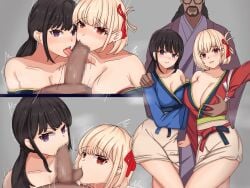 1boy 2girls age_difference ball_sucking bare_shoulders black_hair blonde_hair blush breast_grab censored collaborative_fellatio dark-skinned_male dark_skin double_fellatio ffm_threesome groping inoue_takina interracial large_breasts lenku_ass light-skinned_female light_skin lycoris_recoil mika_(lycoris_recoil) nishikigi_chisato older_male older_man_and_teenage_girl orientation_play partially_clothed purple_eyes red_eyes straight teenage_girl teenager threesome tongue younger_female