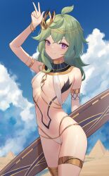 :) ahoge airool alternate_costume arm_up armlet bangle bare_shoulders bikini bracelet breasts closed_mouth collar collei_(genshin_impact) cowboy_shot day female genshin_impact gold_trim green_hair hair_ornament highleg highleg_bikini highres jewelry long_hair looking_at_viewer multi-strapped_bikini navel outdoors purple_eyes pyramid sky small_breasts smile solo stomach string_bikini surfboard swimsuit thighlet thighs white_bikini