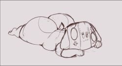 2022 4_fingers :3 ambiguous_gender animate_inanimate anthro ass big_butt bunihud canid chubby_anthro empty_eyes eyelashes fingers floppy_ears freckles full-length_portrait hi_res huge_butt lying mammal nintendo nintendo_switch nude on_front portrait short_stack short_tail shortstack sketch smile solo switch_dog thick_thighs video_games