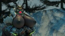 3d 3d_(artwork) ass breasts ckiii3d_(artist) looking_at_viewer omnic orisa overwatch reindeer_orisa_(overwatch) robot smile