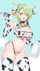 artist_name beauty_mark bikini ceres_fauna choker cow_ears cow_print cowbell cowkini eyepatch_bikini fingerless_gloves green_hair hololive hololive_english hololive_english_-council- hololive_english_-promise- horns long_gloves milk milk_bottle milk_carton milk_jug minxei nail_polish smile text thighhighs virtual_youtuber yellow_eyes