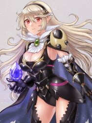 1girls alternate_costume armpits bare_thighs black_cape black_gloves black_thighhighs blush breasts cape cleavage cleavage_cutout clothing_cutout corrin_(female)_(nohr_noble)_(fire_emblem) corrin_(fire_emblem) corrin_(fire_emblem)_(female) detached_collar dragonstone female female_only fire_emblem fire_emblem_fates fire_emblem_heroes gem gloves grey_background grey_hair hairband hazuki_(nyorosuke) highres inner_thighs large_breasts leotard long_hair looking_at_viewer nintendo official_alternate_costume pointy_ears red_eyes sideboob simple_background sleeveless smile solo stone thighhighs thighs torn_cape torn_clothes