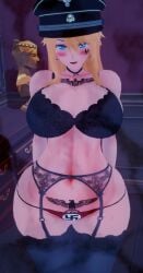 1girls 3d artoria_pendragon artoria_pendragon_(lancer) bleachedartoria blonde_female blonde_hair blue_eyes fate/grand_order fate_(series) garter_straps hat koikatsu koikatsu_(medium) large_breasts lingerie military_hat nazi self_upload solo swastika tattoo thick_thighs wide_hips