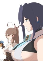 2022 2girls absurd_res ahoge anyacchi artist_name bare_shoulders black_hair blue_eyes blush breast_envy breasts brown_eyes brown_gloves brown_hair cleavage cleavage_cutout clothed clothing fangs feather_hair_ornament feathers female female_only girl_staring_at_guy's_chest gloves hair_ornament hairclip highlights highres hololive hololive_english hololive_english_-council- hololive_english_-promise- huge_breasts large_breasts long_hair long_ponytail looking_at_another looking_at_breasts matching_hair/eyes meme multiple_girls nanashi_mumei open_mouth ouro_kronii ponytail shirt short_hair sideboob signature simple_background smile teeth tied_hair virtual_youtuber white_background white_highlights