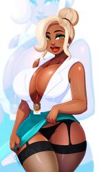 1girls big_breasts blonde_hair cheshire_(ladycandy2011) dark-skinned_female dark_skin female female_only garter_straps green_eyes hair_bun hi_res id_badge inner_sideboob ladycandy2011 looking_at_viewer mole mole_under_eye narrowed_eyes office_lady original original_character panties red_lipstick skirt_lift smile solo solo_female stockings thick_thighs thigh_gap tied_hair wide_hips