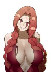 1girls braided_twintails breast_tattoo breasts doublehero dress fairy_tail female flare_corona huge_breasts long_hair pale-skinned_female pale_skin red_dress red_eyes red_hair simple_background tattoo twintails