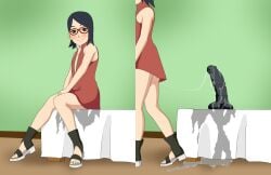 1girls after_masturbation after_vaginal before_and_after big_dildo blush boruto:_naruto_next_generations dildo dildo_sitting dress female female_only genital_fluids glasses heels leaving long_hair naruto naruto_(series) petite pussy_juice pussy_juice_drip pussy_juice_string pussy_juice_trail rantuahelax sarada_uchiha sex_toy sitting sitting_on_bed solo solo_focus walking wet wet_pussy