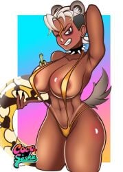 2022 animal_ears animal_tail beach brown_skin cocosashax color commission dark-skinned_female digital_media_(artwork) fang_honebuchi hyena hyena_girl indie_virtual_youtuber inflatable inflatable_ring large_breasts shaved_side silver_hair sling_bikini tanline toned toned_female uncensored virtual_youtuber yellow_highlights