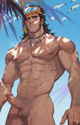 1boy 1male abs amo9612 amomo_(artist) beach beard brown_hair cum cumming diving_mask diving_mask_on_head ejaculation erect_penis erection facial_hair jarvan_lightshield_iv league_of_legends looking_at_viewer looking_down looking_down_at_viewer male male_focus male_only mullet muscular muscular_male necklace nipples nose_bandage nude pecs pool_party_jarvan_iv pubic_hair snorkel solo solo_male sparkles standing