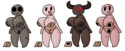 4girls beggar_(the_binding_of_isaac) bomb_beggar_(the_binding_of_isaac) breasts clothing demon demon_beggar_(the_binding_of_isaac) detnox horns key_beggar_(the_binding_of_isaac) red_eyes simple_background the_binding_of_isaac