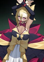 above_view alternate_breast_size ball_gag bound_wrists breasts disgaea disgaea_2 dress gag gagged handsofmidaz large_breasts nipple_bulge nippon_ichi_software rope rope_bondage rozalin