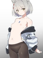 animal_ears breasts cat_ears female grey_hair jacket kiikii_(kitsukedokoro) mio_(xenoblade) nipples short_hair small_breasts solo solo_female solo_focus standing tagme xenoblade_(series) xenoblade_chronicles_(series) xenoblade_chronicles_3