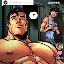 2boys areola areolae big_breasts big_chest black_hair blue_eyes chest clark_kent confused confusion conner_kent cover_them_up_slut dark_hair dc dc_comics dilf erect_nipples hard_nipples jon-el jonathan_kent kal-el male male_focus male_nipples male_only meme nipples pecs pectorals phausto pink_nipples superboy superboy_(conner_kent) superboy_(jonathan_kent) superman superman_(clark_kent) superman_(series) tiktok tiktok_overlay