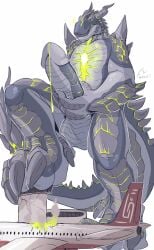 anthro arm_spikes bodily_fluids claws colored_cum cum destruction dragon erection front_view genital_fluids genitals green_cum grey_body grey_claws grey_horn grey_penis grey_teeth grin head_spikes hi_res holding_penis horn humanoid_genitalia humanoid_penis imperatorcaesar male penis shoulder_spikes signature simple_background smile solo spiked_tail spikes spikes_(anatomy) unusual_bodily_fluids unusual_cum unusual_genital_fluids white_background