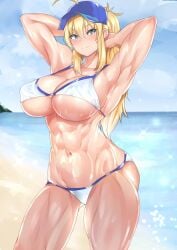 1girls 2022 abs ahoge alternate_version_available armpits arms_behind_head arms_up artoria_pendragon bare_shoulders baseball_cap beach biceps bikini blonde_female blonde_hair blue_eyes blue_headwear blue_sky blush breasts cleavage collarbone day fate/grand_order fate_(series) female female_focus female_only hair_between_eyes hair_through_headwear hat highres large_breasts long_hair looking_at_viewer muscular_female mysterious_heroine_xx mysterious_heroine_xx_(foreigner) navel ponytail shore sidelocks sky smile solo solo_female swimsuit teaindian thighs tomboy white_bikini