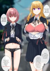 2girls altered_perception black_panties blonde_hair close_rim_open comic dialogue exposed_chest expressionless femsub hard_translated hypnosis indifferent long_hair maledom mind_control multiple_girls navel open_shirt original pink_bra pink_eyes pink_hair short_hair skirt skirt_lift text translated undressing