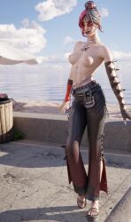 armwear beach breasts epic_games feet female female_only fortnite glowing_eye kor_(fortnite) lewdrex looking_at_viewer multicolored_hair no_bra pants public public_nudity red-tinted_eyewear shirtless shirtless_female sunglasses tinted_eyewear undercover_kor