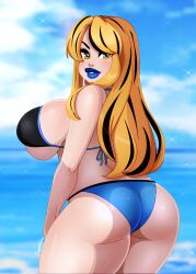 1girls ass big_breasts bikini black_highlights blue_lipstick female female_only hi_res ladycandy2011 long_hair looking_at_viewer sea side_view sideboob solo solo_female thick_thighs yellow_eyes yellow_hair