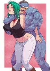 4_arms armpits brown_eyes cirenk clothed clothed_female_nude_male clothed_sex cum emmie_(pokemon_ecchi) four_arms green_hair grey_skin holding_breast light-skinned_female light_skin machamp pokemon pokemon_(species) pokemon_ecchi pokephilia red_scarf scarf white_pants