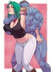 4_arms armpits brown_eyes cirenk clothed clothed_female_nude_male clothed_sex cum emmie_(pokemon_ecchi) green_hair grey_skin holding_breast light-skinned_female light_skin machamp multi_arm multi_limb pokemon pokemon_(species) pokemon_ecchi pokephilia red_scarf scarf white_pants