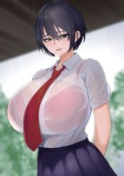 1girls arms_behind_back black_hair black_skirt blurry blurry_background bra_visible_through_clothes breasts cloud cloudy_sky collared_shirt covered_breasts enormous_breasts female_focus from_below fully_clothed furrowed_brow green_eyes grey_sky hair_between_eyes half-closed_eyes highres huge_breasts looking_at_viewer massive_breasts necktie open_collar open_mouth original outdoors pleated_skirt rain raised_eyebrows red_bra red_necktie red_neckwear school_uniform see-through see-through_shirt shirt shirt_tucked_in short_hair short_sleeves skirt sky solo solo_female tokitamago tree upper_body voluptuous voluptuous_female water wet wet_body wet_clothes wet_face wet_hair wet_shirt wet_skin white_shirt