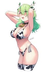 arms_behind_head arms_up beauty_mark bikini ceres_fauna choker cow_ears cow_print cowbell cowkini dasdokter green_hair hololive hololive_english hololive_english_-council- hololive_english_-promise- horns large_breasts looking_at_viewer medium_breasts thighhighs two_piece_swimsuit virtual_youtuber white_background yellow_eyes