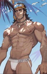 1boy 1male abs amo9612 amomo_(artist) beach beard brown_hair diving_mask diving_mask_on_head facial_hair jarvan_lightshield_iv jockstrap league_of_legends looking_at_viewer looking_down looking_down_at_viewer male male_focus male_only mouth_hold mullet muscular muscular_male necklace nipples nose_bandage pecs pool_party_jarvan_iv popsicle_stick pubic_hair snorkel solo solo_male sparkles standing underwear underwear_only white_underwear