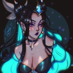 1girls black_hair blue_dress blue_hair cleavage collar cyan_hair dark_blue_hair earrings female female_only fully_clothed gradient_hair hair_buns hair_ornament large_breasts league_of_legends light-skinned_female light_skin long_hair lunaefox makeup multicolored_hair pale-skinned_female pale_skin prestige_skin purple_eyes purple_lipstick riot_games signature solo_female star_earrings star_guardian star_guardian_series star_guardian_syndra star_guardian_syndra_prestige_edition stars stars_in_hair syndra turquoise_hair