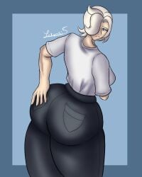 1girls ass back_view blue_eyes breasts female female_only huge_ass jeans litonima looking_back medium_breasts mercy overwatch pants shirt short_hair solo thick_thighs thighs white_hair