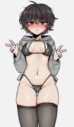 black_eyes black_hair blush bra hoodie peace_sign snale_(04119_snail) thick_thighs tights tomboy