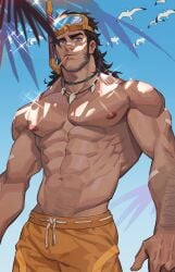 1boy 1male abs amo9612 amomo_(artist) beach beard brown_hair diving_mask diving_mask_on_head facial_hair jarvan_lightshield_iv league_of_legends looking_at_viewer looking_down looking_down_at_viewer male male_focus male_only mouth_hold mullet muscular muscular_male necklace nipples nose_bandage pecs pool_party_jarvan_iv popsicle_stick pubic_hair snorkel solo solo_male sparkles standing swimming_trunks swimwear