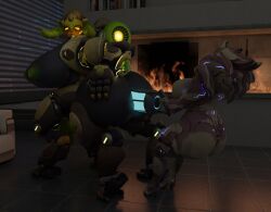 2girls 3d anal anal_insertion ass ass_grab breasts ckiii3d_(artist) holding_object indoor orisa overwatch pulling_object pulling_out robot robot_girl saryn_(warframe) sex_toy warframe