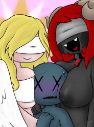 1boy 2girls ???_(the_binding_of_isaac) angel_(the_binding_of_isaac) angel_girl big_breasts black_nipples blush choker demon demon_girl demon_horns face_between_breasts female hungrycandybug lilith_(the_binding_of_isaac) succubus the_binding_of_isaac wings