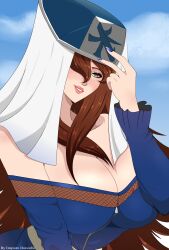 1girls auburn_hair big_breasts breasts cleavage clothing dress female female_only fingernail_polish green_eyes hair_over_one_eye hat huge_breasts impuredoncelle lipstick looking_at_viewer makeup mei_terumi mizukage nail_polish naruto naruto_(series) naruto_shippuden no_bra revealing_clothes solo solo_focus upper_body veil very_long_hair