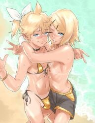 1boy 1girls armpits beach bikini blonde_female blonde_hair blue_eyes blush both_sexes_in_same_situation breasts brother_and_sister bulge clothes_swap crossdressing crossdressing_female crossdressing_male embarrassed female femboy flat_chest girly horny kagamine_len kagamine_rin kouya_toufu male male_in_bikini male_swimwear male_swimwear_challenge nervous reverse_trap siblings swim_trunks swimsuit tomboy tomgirl topless topless_female trap v vocaloid