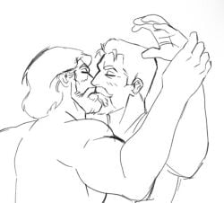 2boys aladdin bara beard cassim crack_ship crossover disney gay holding_wrist king_magnifico kissing male male_only monochrome nude revealyoursins wish_(film) yaoi