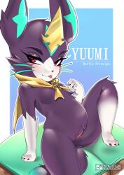 3_fingers anthro battle_academia_series battle_principal_yuumi belly book breasts domestic_cat felid feline felis female fingers genitals hi_res league_of_legends mammal pikative pussy raised_leg red_eyes riot_games solo video_games yuumi_(lol)