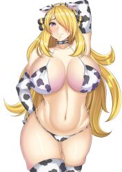 1girls 2022 bikini blonde_female blonde_hair breasts cleavage cow_bikini cow_print cow_print_thighhighs cynthia_(pokemon) female female_only hi_res hips huge_breasts light-skinned_female light_skin long_hair nintendo parapetto pokemon pokemon_dppt skindentation slim_waist thick_thighs thighhighs thighs wide_hips