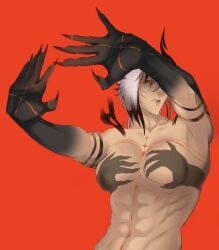 1girl abs arlecchino_(genshin_impact) breasts breasts_out fully_nude genshin_impact hands_casting_shadow hands_up medium_breasts muscles muscular muscular_female red_background tanned_skin