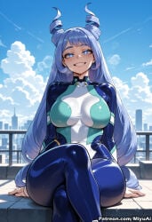 1girl ai_assisted ai_generated artist_name bangs blue_eyes blue_hair blue_sky blush bodysuit boku_no_hero_academia breasts cloud crossed_legs curvaceous curvy curvy_female curvy_figure day drill_hair female grin hado_nejire large_breasts long_hair looking_at_viewer miyuai my_hero_academia outdoors sitting skin_tight sky smile solo superhero thick thick_ass thick_butt thick_hips thick_legs thick_thighs twin_drills very_long_hair voluptuous voluptuous_female wide_hips wide_thighs